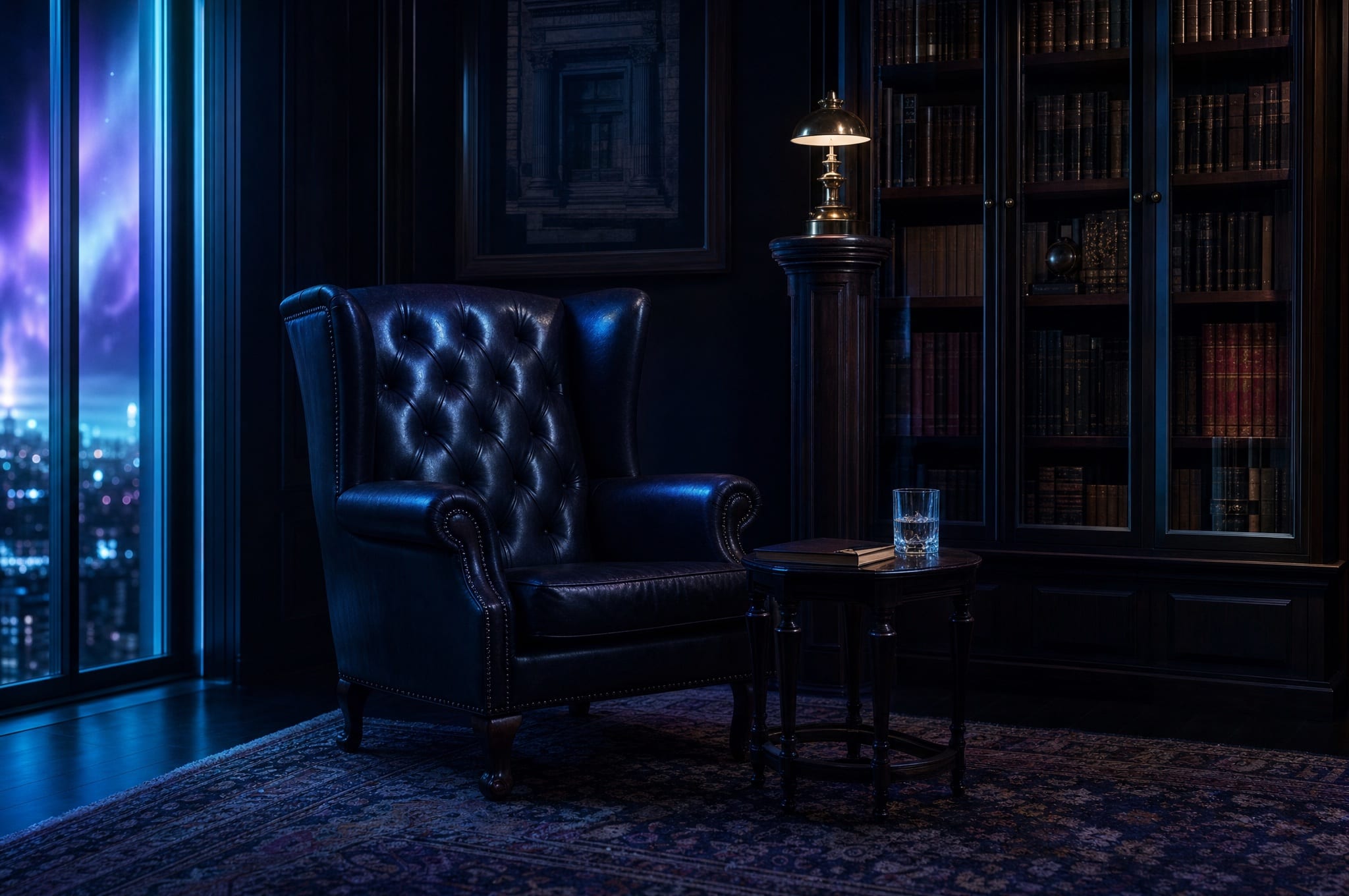 Biblioteca di studio professionale con poltrona in pelle, lampada da colonna, libreria di volumi rilegati e finestra con aurora.