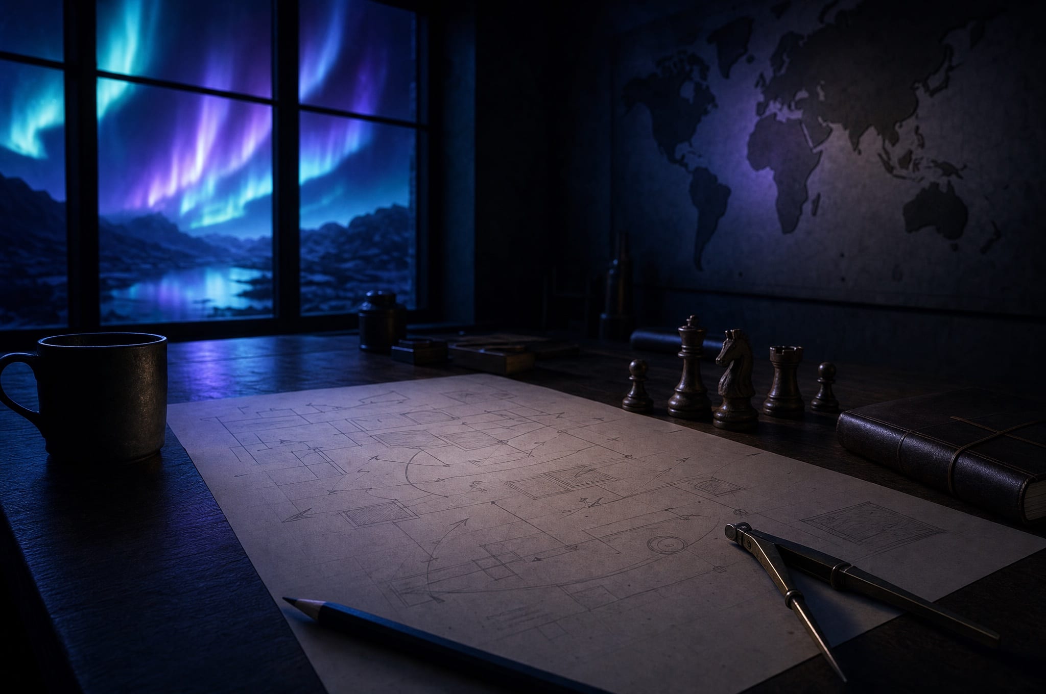Sala strategica notturna con diagramma a blocchi e frecce su carta, pezzi degli scacchi, mappa del mondo sulla parete e aurora dalla finestra.