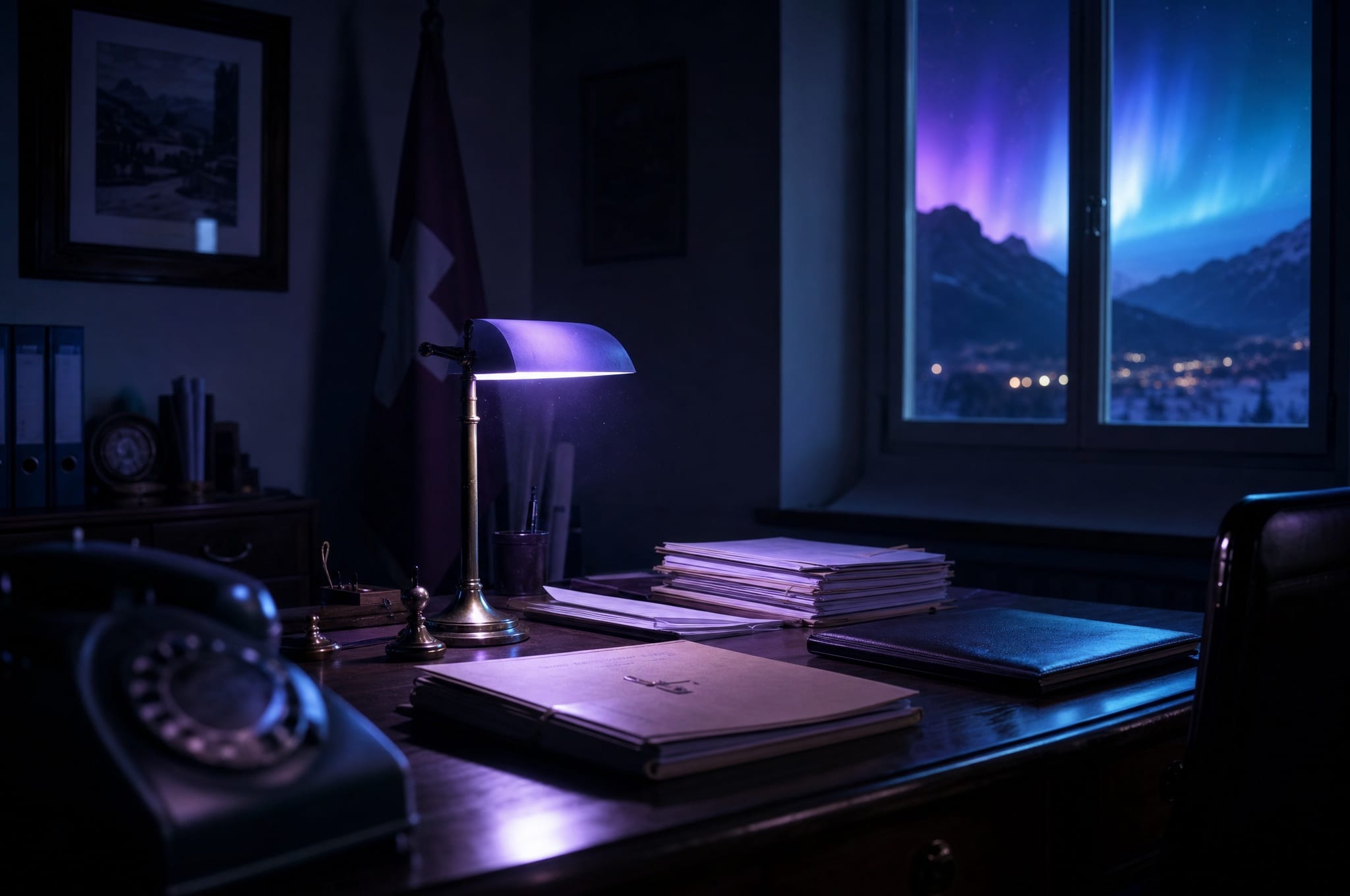 Ufficio comunale notturno con lampada da scrivania e documenti, finestra con aurora violet e cyan affacciata su valle alpina.