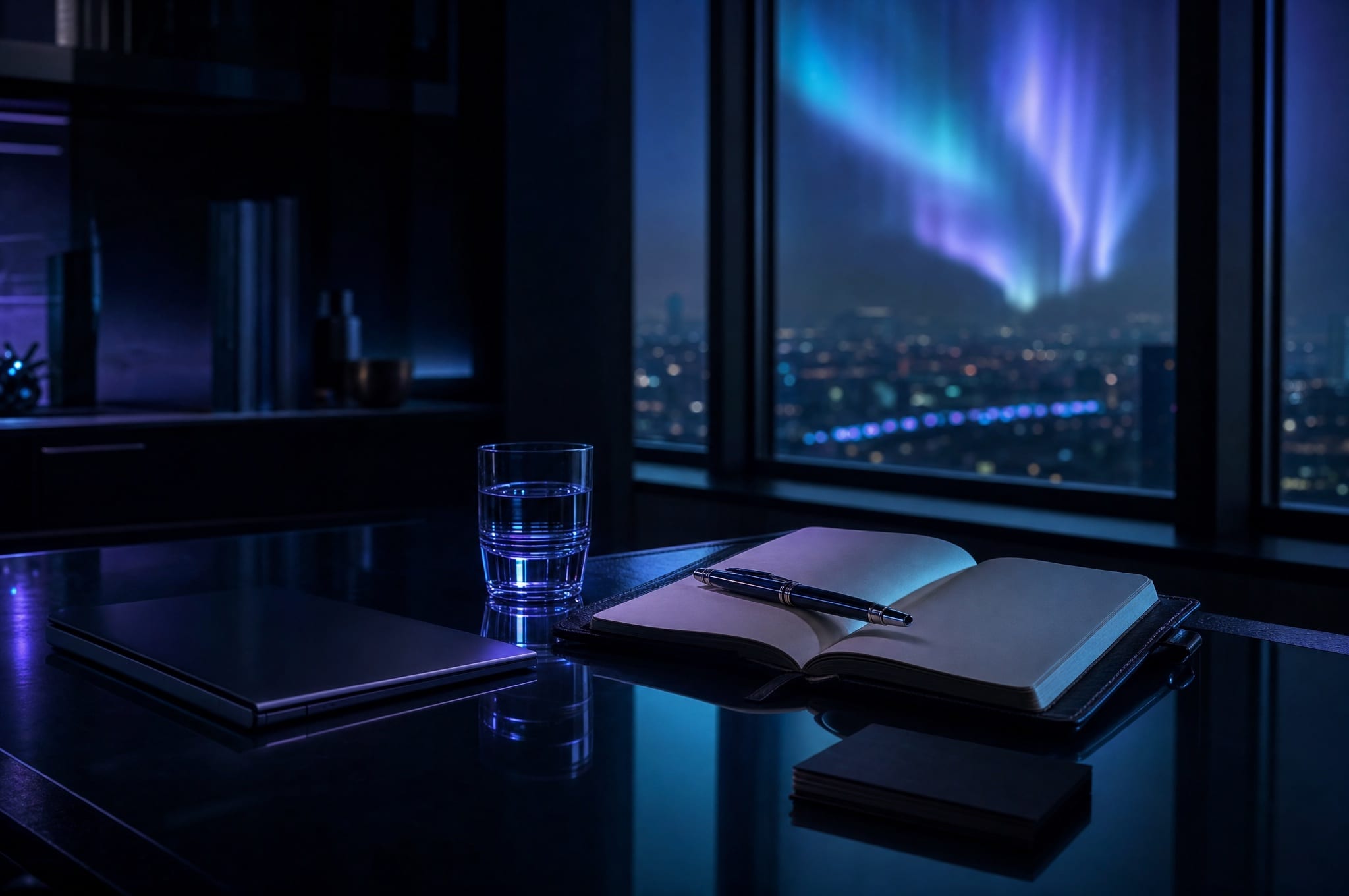 Scrivania minimalista notturna con quaderno aperto e penna, finestra con vista città e aurora viola-cyan.